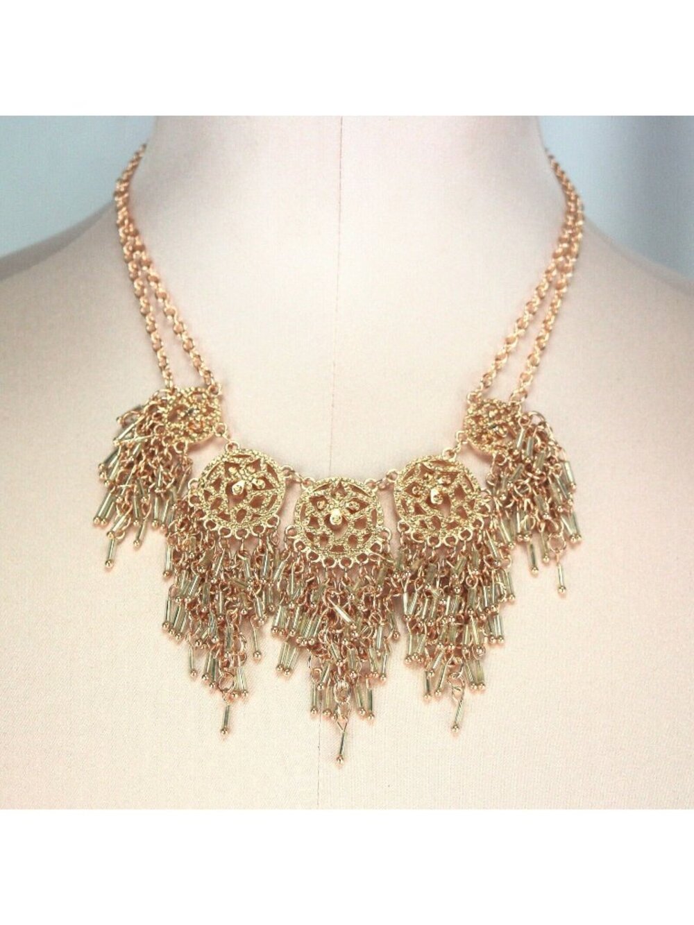 Kohl's Metal Necklace Copper-tone with Crystals and Beaded Fringe